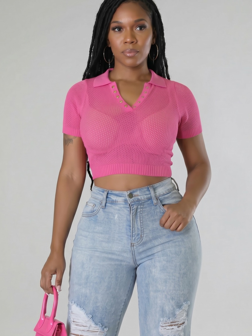 Hot Pink Knit Polo Sweater Top Small | Barbiecore Preppy